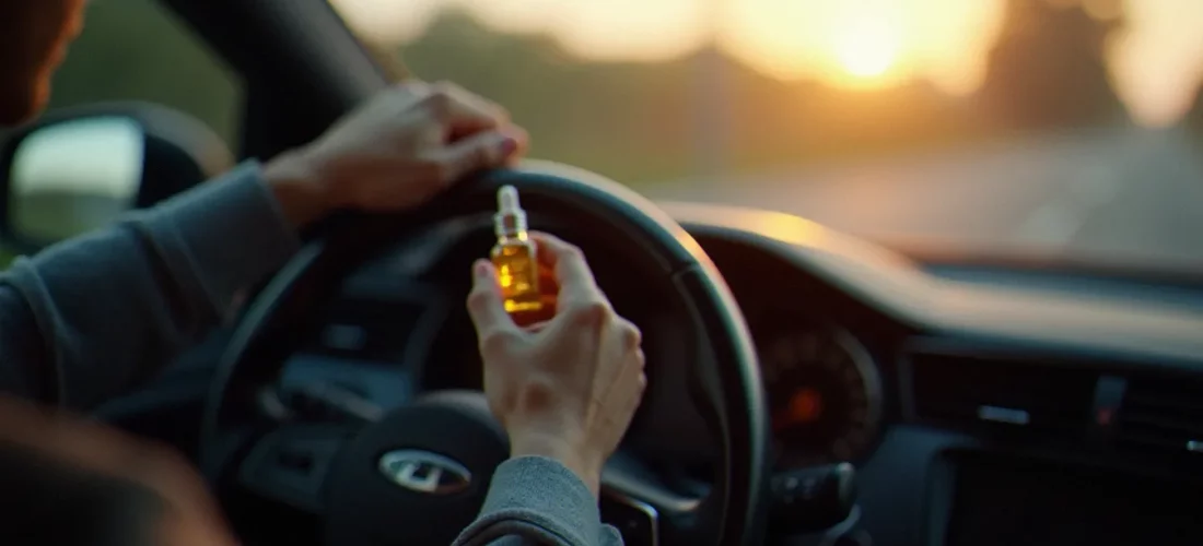 Vue depuis le siège conducteur avec une bouteille de CBD sans THC et conduite visible sur la console centrale, lumière du matin