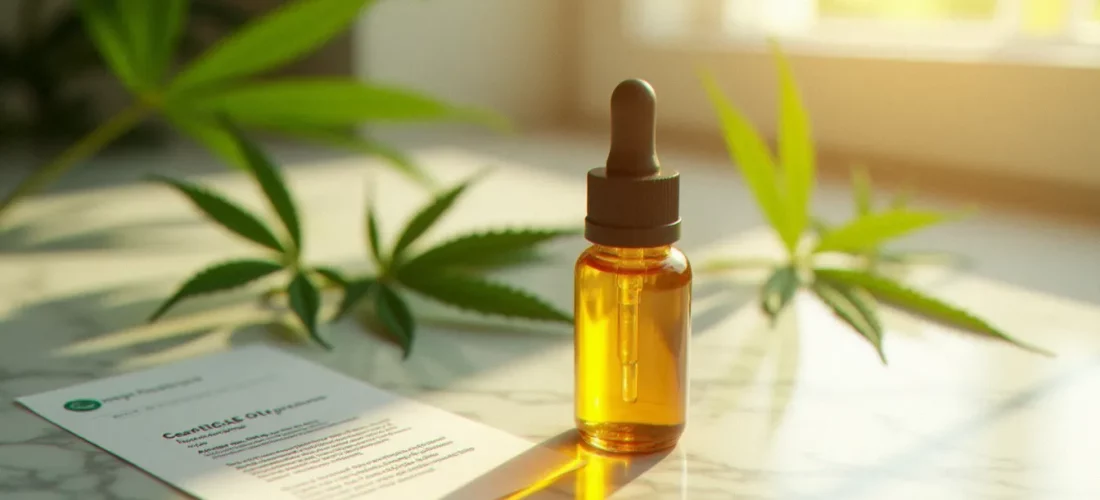 Flacon compte-gouttes d'huile de CBD sans THC posé sur marbre blanc entouré de feuilles de chanvre fraîches et d'un certificat d'analyse de laboratoire