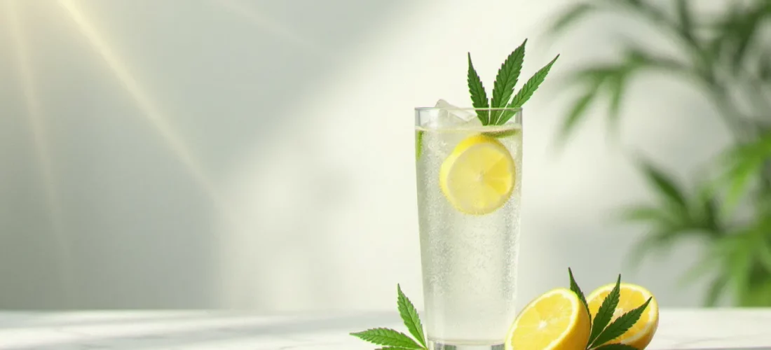 Verre de CBD seltzer pétillant avec glaçons posé sur un comptoir en marbre blanc, accompagné de feuilles de chanvre et de rondelles de citron, illustrant la boisson au cannabidiol