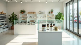 Intérieur d'un cbd shop moderne avec des bouteilles d'huile CBD et des fleurs de chanvre exposées dans des vitrines éclairées, évoquant l'univers d'une boutique comme Hollyweed.
