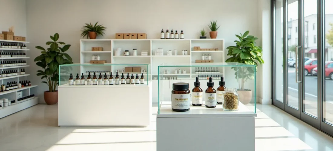 Intérieur d'un cbd shop moderne avec des bouteilles d'huile CBD et des fleurs de chanvre exposées dans des vitrines éclairées, évoquant l'univers d'une boutique comme Hollyweed.