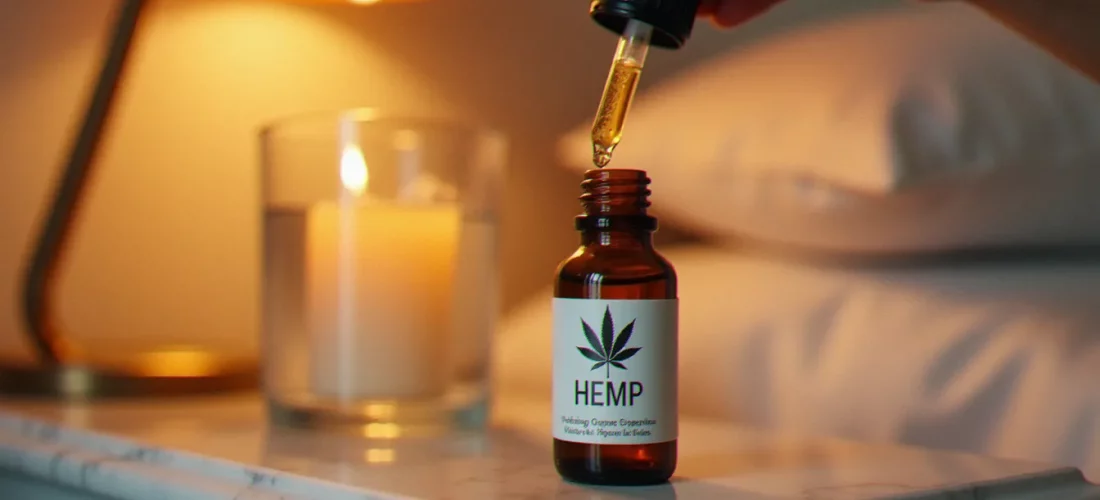 Flacon d'huile CBD sommeil Hollyweed posé sur une table de nuit en marbre blanc, éclairage doux de soirée évoquant la détente avant le coucher