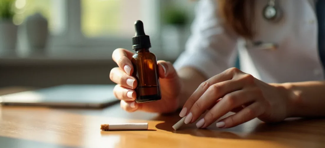 Flacon d'huile de CBD posé à côté d'une cigarette sur une table en bois, illustrant la relation entre CBD et tabac