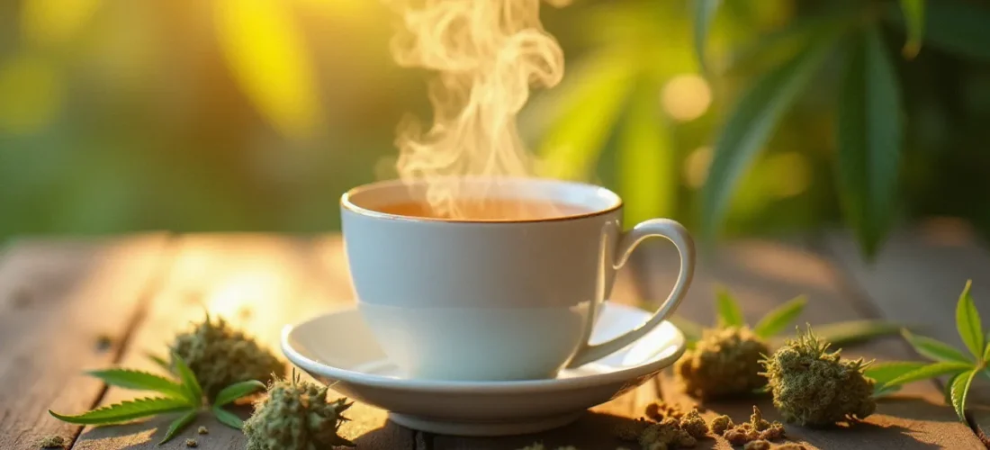Tasse en céramique blanche remplie de CBD tea fumant entourée de fleurs de chanvre séchées sur une table en bois, illustrant la préparation d'une infusion au cannabidiol artisanale