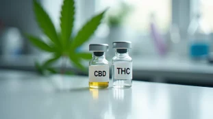 Deux fioles de laboratoire représentant le CBD et le THC côte à côte avec une feuille de cannabis en arrière-plan