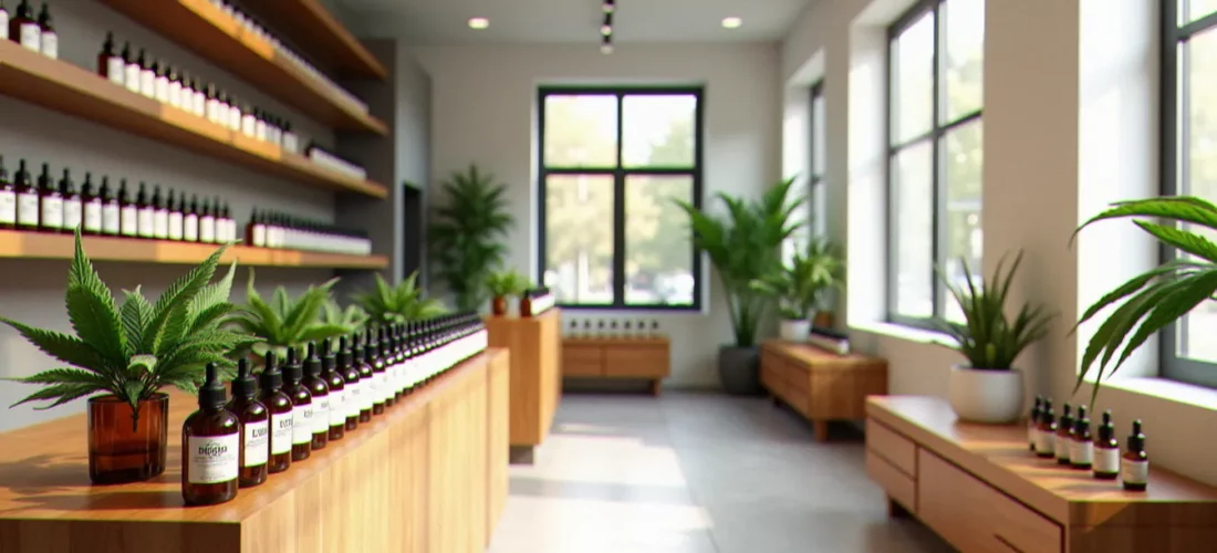Intérieur d'une boutique CBD à Toulouse avec des flacons d'huile de cannabidiol alignés sur des étagères en bois sous un éclairage naturel