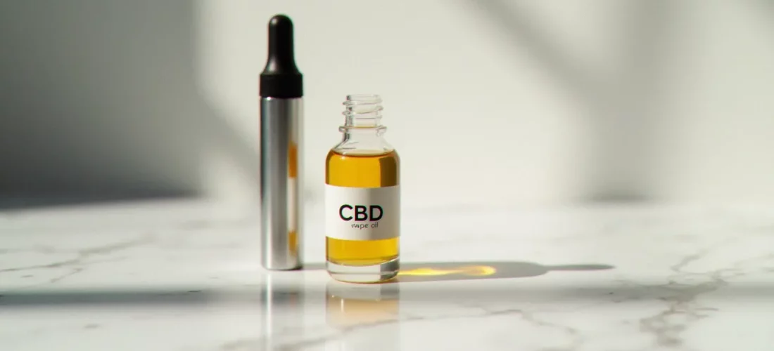 Flacon de cbd vape oil en verre avec un stylo vaporisateur posé sur marbre blanc, éclairage naturel doux