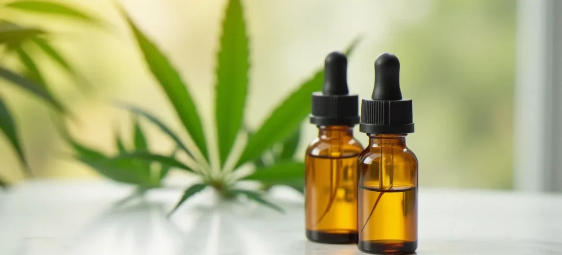Deux flacons d'huile de cannabinoïdes côte à côte sur marbre blanc représentant la comparaison CBD vs CBG, entourés de feuilles de chanvre en arrière-plan flou