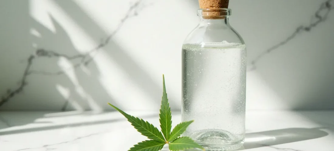 Bouteille d'eau au CBD posée sur un plan de marbre blanc avec des feuilles de chanvre, illustrant le concept de cbd'eau