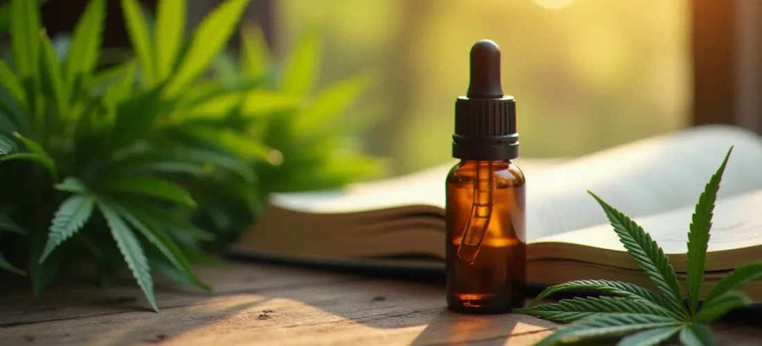 Flacon d'huile de CBDs en verre ambré posé sur une table en bois avec des feuilles de chanvre fraîches et une revue scientifique ouverte en arrière-plan