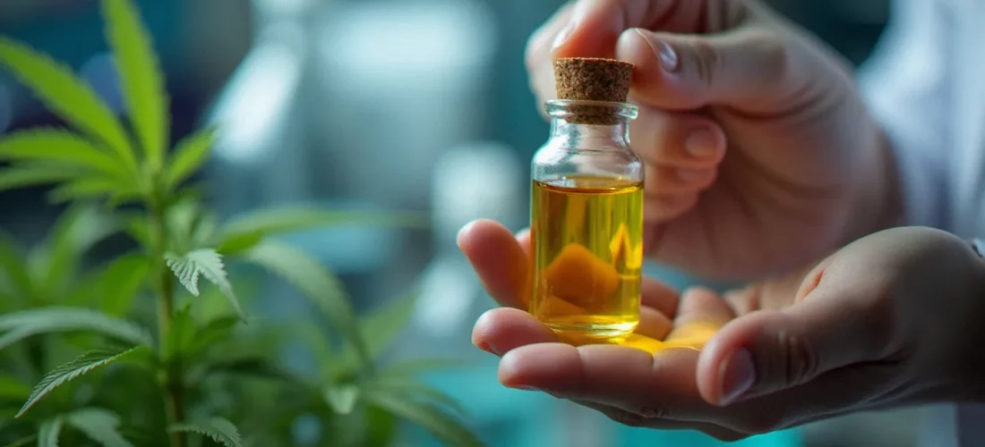 Vial d'extrait de chanvre doré tenu par un chercheur en laboratoire, illustrant la composition en CBDs du chanvre