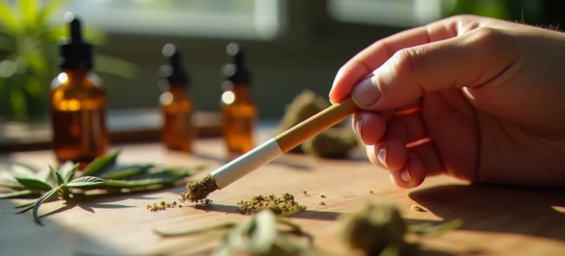 Cigarette CBD tenue à la main au-dessus d'une table en bois avec des feuilles de chanvre séchées, illustrant un produit au cannabidiol légal