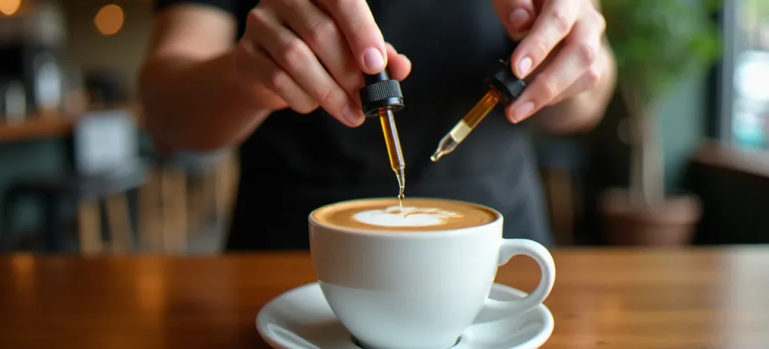 Un barista ajoute quelques gouttes d'huile CBD dans un coffee CBD à Melbourne, avec un intérieur de café chaleureux en arrière-plan