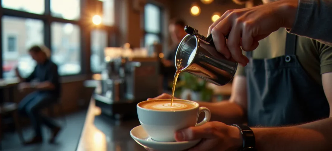 Barista préparant un coffee in Melbourne CBD dans un café de spécialité au design industriel, lumière naturelle matinale