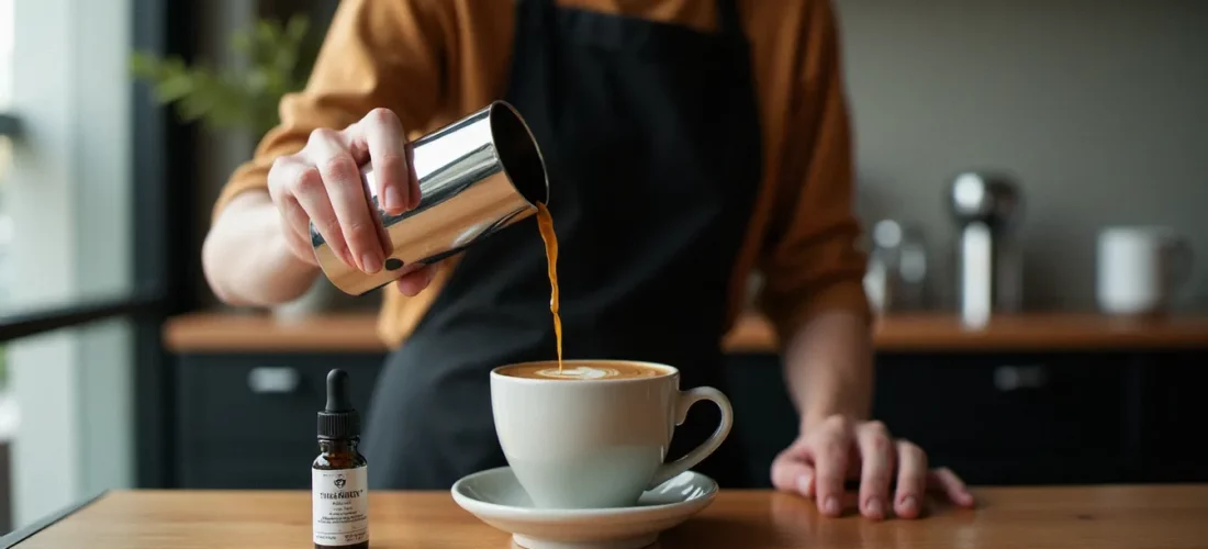 Barista préparant un flat white avec du CBD dans un café de spécialité du Melbourne CBD, avec une pipette d'huile de CBD posée sur le comptoir en bois