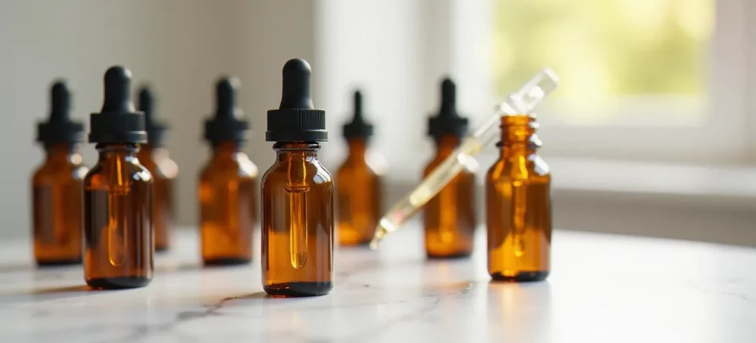 Plusieurs flacons d'huile CBD en verre ambré disposés sur un plan de travail en marbre blanc, illustrant une sélection de produits destock CBD