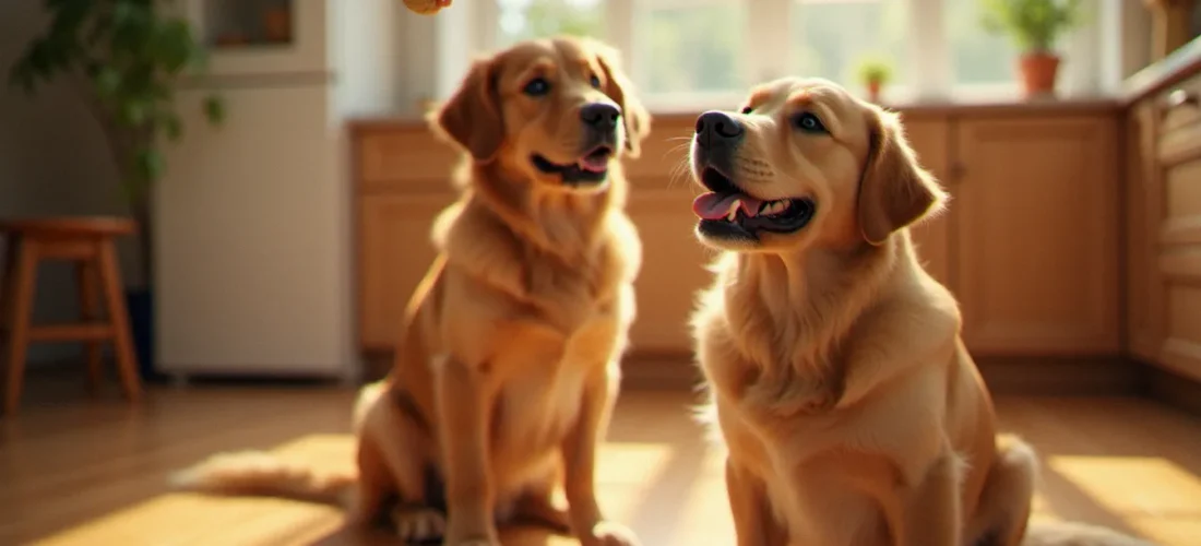 Un golden retriever regarde attentivement une friandise dog CBD treat tenue dans la main de sa propriétaire, dans une cuisine lumineuse baignée de soleil