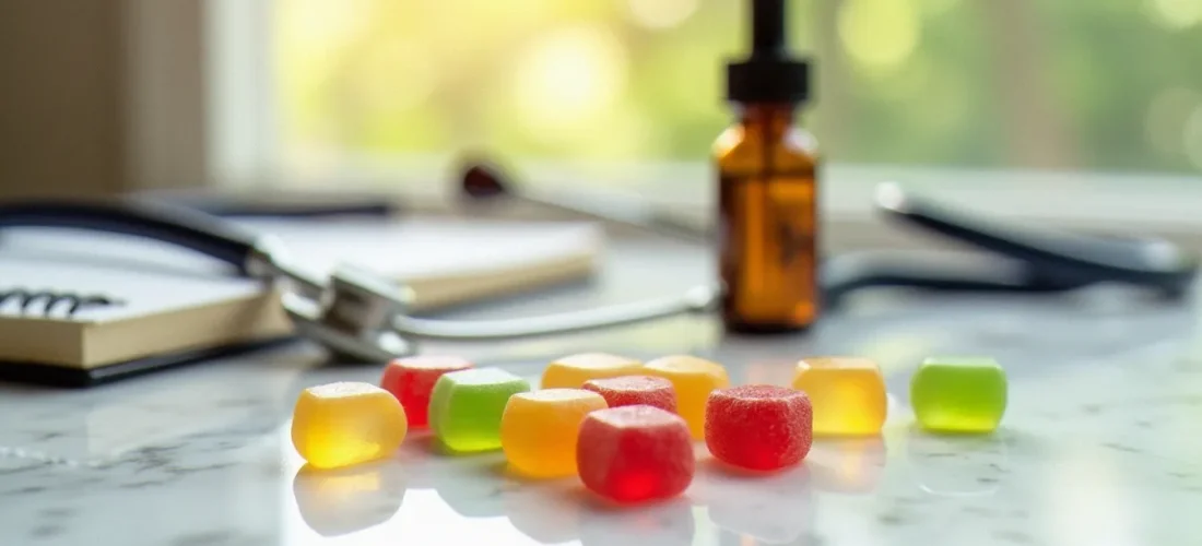 Gummies au CBD colorées disposées sur une surface en marbre blanc à côté d'un flacon compte-gouttes en verre ambré, évoquant les dr oz cbd gummies et les produits CBD populaires sur le marché