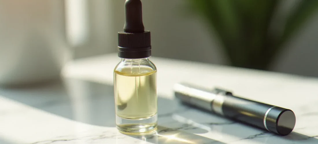 Flacon d'e liquide CBD transparent avec pipette posé sur marbre blanc à côté d'une cigarette électronique moderne, lumière naturelle douce