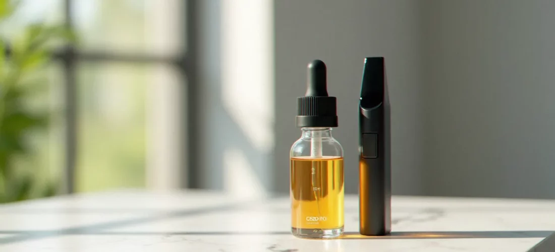 Flacon d'e-liquide CBD haute concentration posé sur un plan de travail en marbre blanc à côté d'un pod de vapotage moderne, illustrant le choix d'un e-liquide CBD puissant