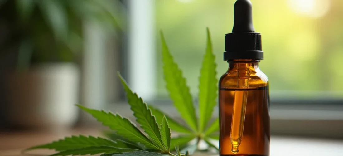 Flacon d'huile de CBD posé sur une surface en bois avec des feuilles de chanvre séchées, illustrant les effets du CBD