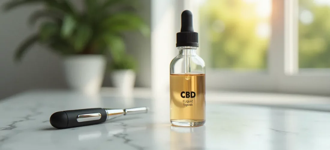 Flacon d'eliquide CBD transparent posé sur une surface en marbre blanc à côté d'une cigarette électronique moderne, éclairage naturel doux