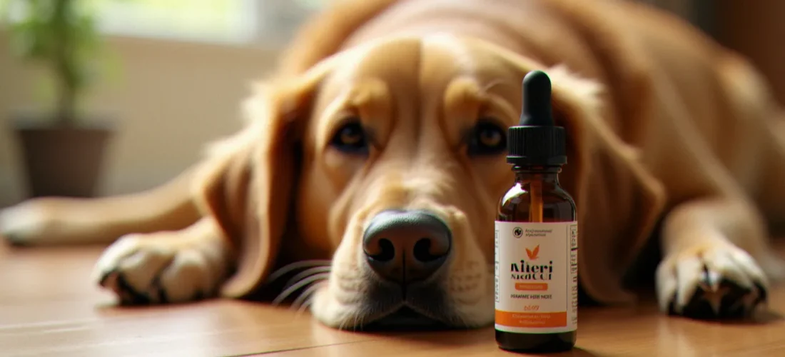 Un golden retriever couché à côté d'un flacon d'huile CBD vétérinaire ElleVet, illustration du CBD pour chiens