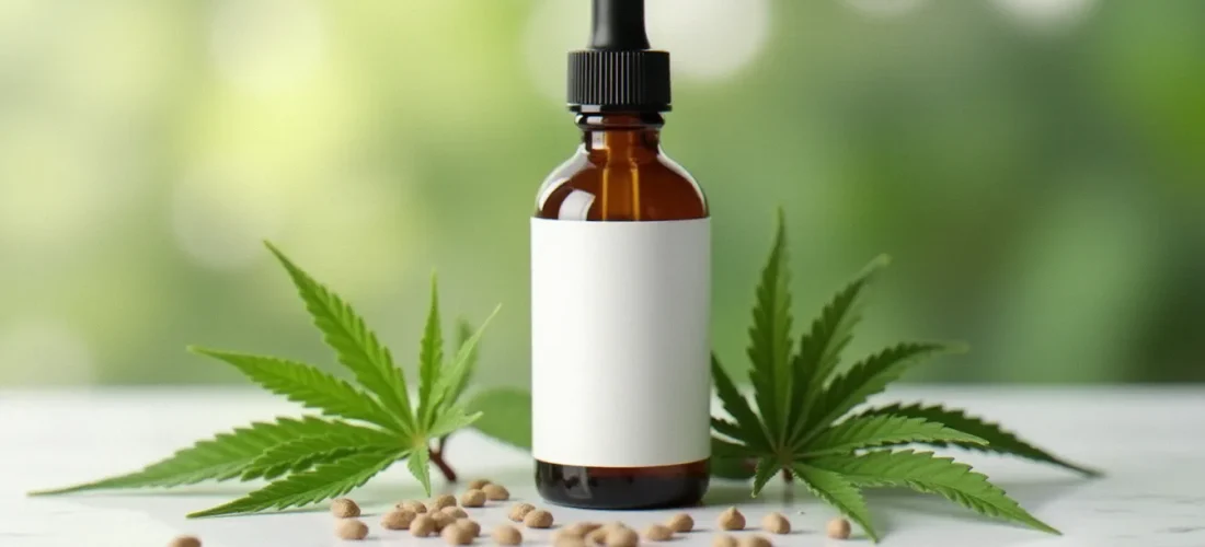 Flacon d'huile CBD full-spectrum posé sur du marbre blanc entouré de feuilles de chanvre fraîches, illustrant les produits five cbd et leur composition naturelle