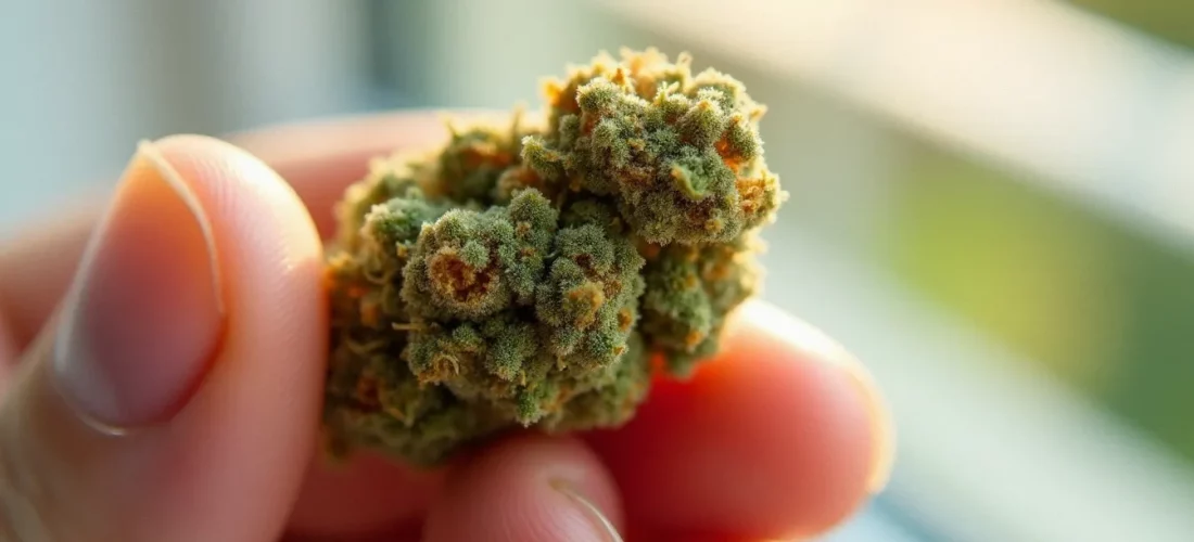 Fleur CBD séchée tenue entre les doigts avec trichomes visibles, éclairage naturel