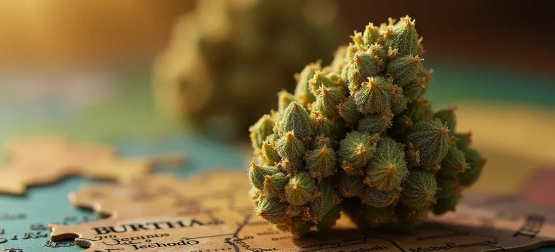 Fleur CBD en gros plan avec trichomes visibles placée sur une carte du monde, illustrant la diversité des origines géographiques de la fleur CBD