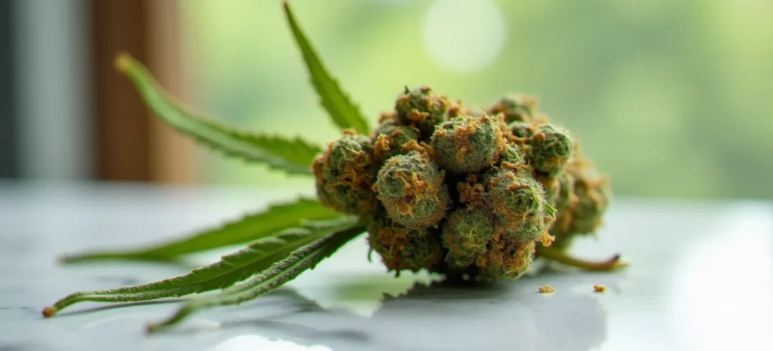Fleur de CBD séchée en gros plan sur marbre blanc, trichomes dorés visibles, éclairage naturel latéral