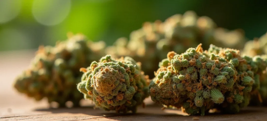 Fleurs CBD séchées aux trichomes visibles posées sur une surface en bois naturel, éclairées à la lumière du jour