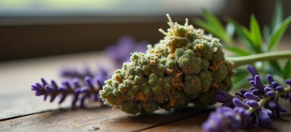 Fleur de CBD dense couverte de trichomes blancs posée sur une surface en bois, illustrant la qualité et la richesse en cannabinoïdes des fleurs de chanvre