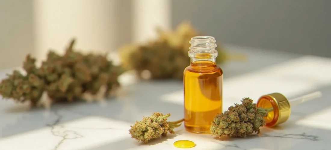 Fiole en verre ambré contenant du golden CBD concentré de couleur dorée translucide, posée sur marbre blanc avec fleurs de chanvre séchées