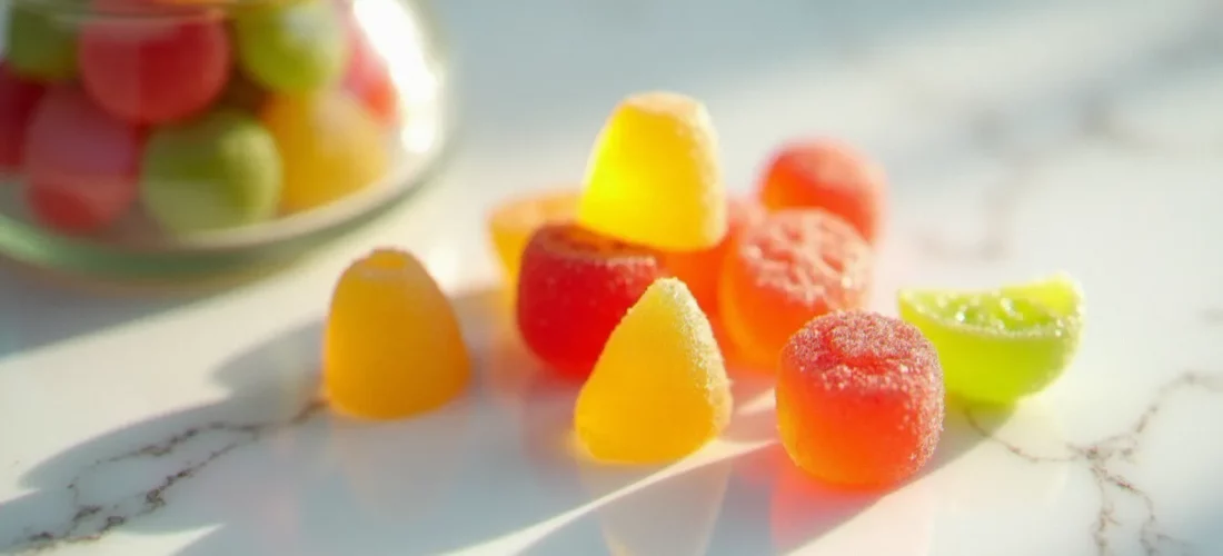 Gummies CBD colorés en forme de fruits disposés sur une surface en marbre blanc, éclairage naturel doux