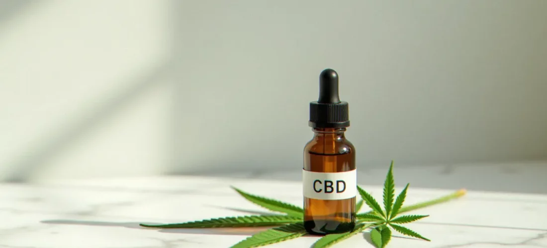 Flacon d'huile CBD Hollyweed en verre ambré avec pipette, posé sur une feuille de chanvre naturelle sur marbre blanc