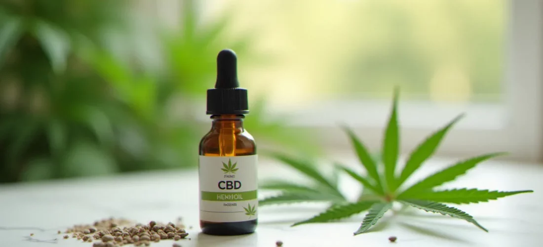 Flacon d'huile CBD Hollyweed en verre ambré avec pipette, posé sur marbre blanc à côté de feuilles de chanvre fraîches, éclairage naturel doux