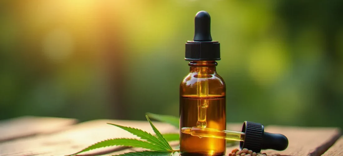 Flacon compte-gouttes d'huile CBD sans THC origine européenne posé sur une surface en bois avec des feuilles de chanvre fraîches