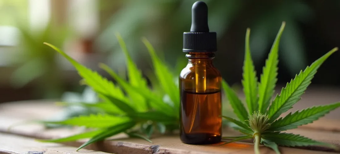 Flacon d'huile CBD sans THC posé sur une surface en bois avec des feuilles de chanvre fraîches, illustrant l'origine naturelle du produit
