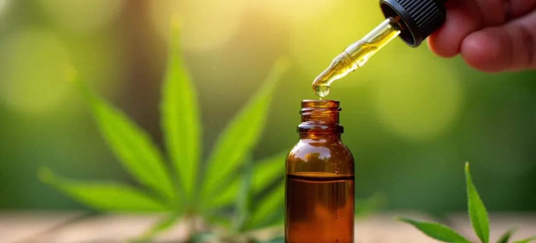 Flacon compte-gouttes d'huile de CBD dorée tenu à la main avec des feuilles de chanvre en arrière-plan flou