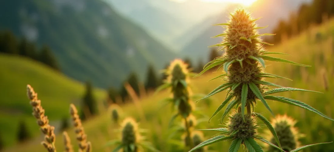 Fleurs de cannabis CBD suisse en gros plan dans une vallée alpine, lumière dorée de fin d'après-midi, illustration du mot-clé info cbd ch