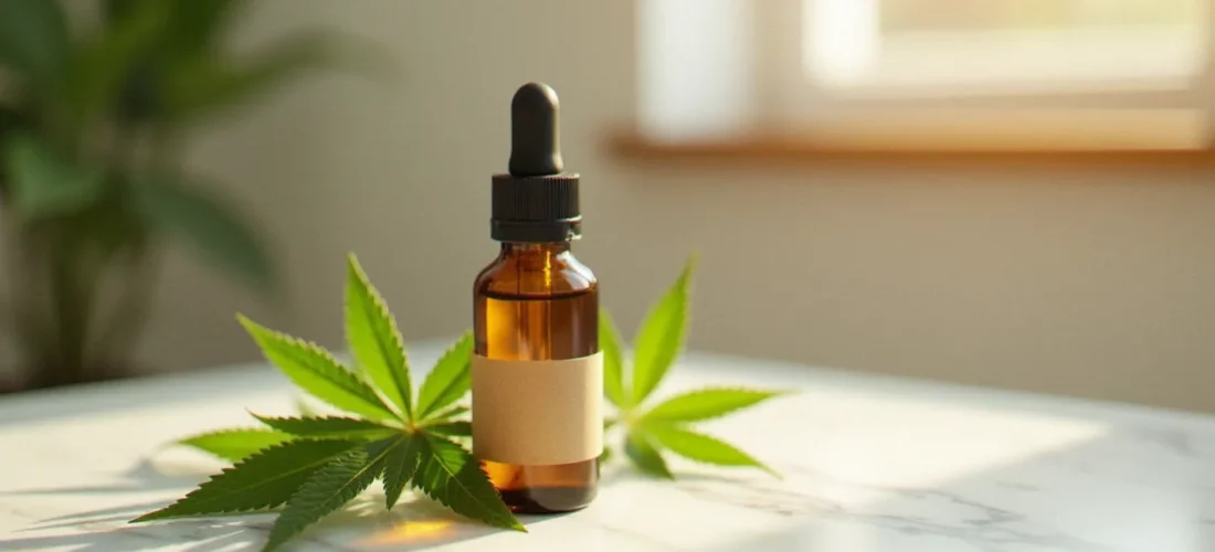Flacon en verre ambré d'huile CBD dorée posé sur du marbre blanc avec des feuilles de chanvre, illustrant les ressources d'information sur info-cbd.ch pour choisir le bon cannabidiol