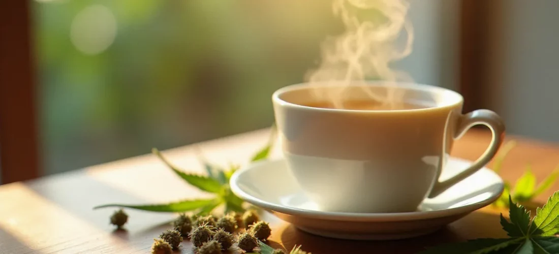 Tasse d'infusion CBD fumante avec des fleurs de chanvre séchées sur une table en bois, illustrant la préparation d'une infusion CBD artisanale