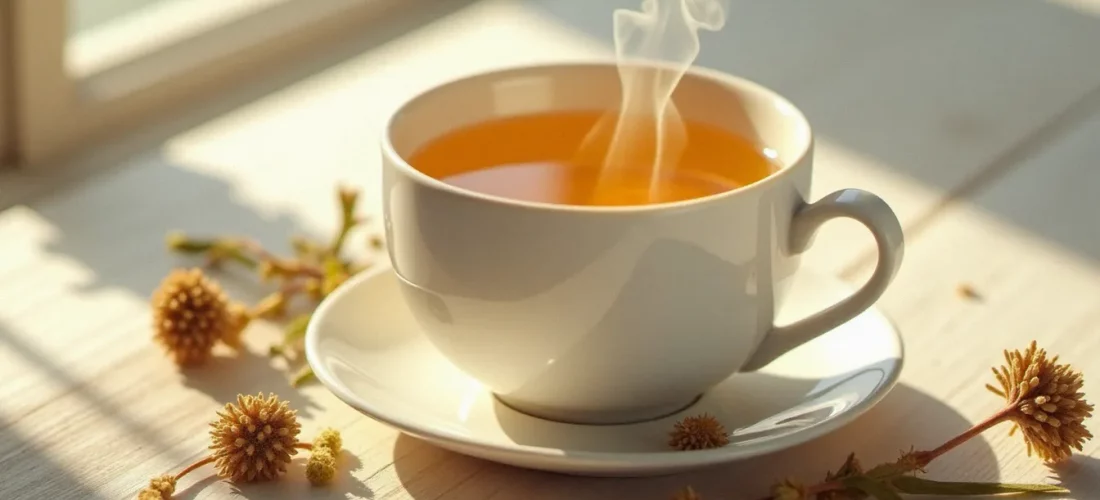 Une tasse d'infusion CBD Hollyweed dorée avec des fleurs de chanvre séchées sur une table en bois clair, vapeur visible