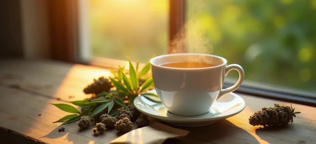 Tasse d'infusion CBD OrigIneCBD fumante entourée de fleurs de chanvre séchées sur table en bois, lumière naturelle matinale