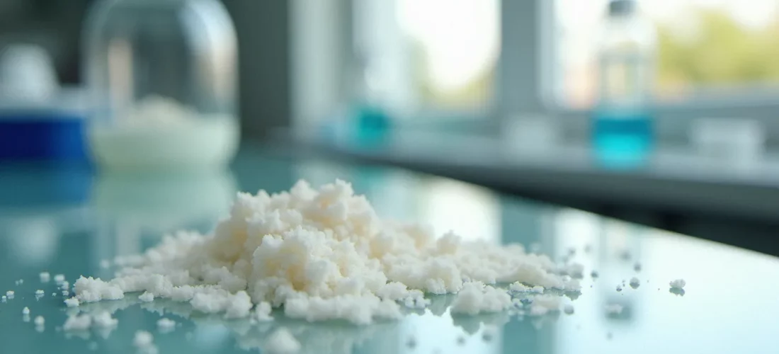 Cristaux d'ivory CBD pur en gros plan sur une surface de laboratoire, représentant la pureté caractéristique du cannabidiol isolat