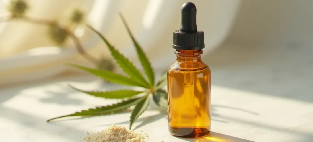 Flacon d'huile just CBD et isolat cristallisé sur marbre blanc avec feuilles de chanvre séchées, illustrant la pureté d'un produit cannabidiol