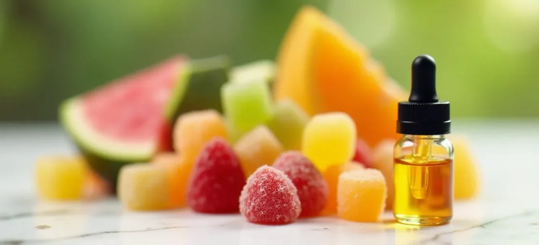 Gummies CBD colorés aux arômes fruités disposés sur une surface en marbre blanc à côté d'un compte-gouttes d'huile de CBD, illustrant les just cbd gummies
