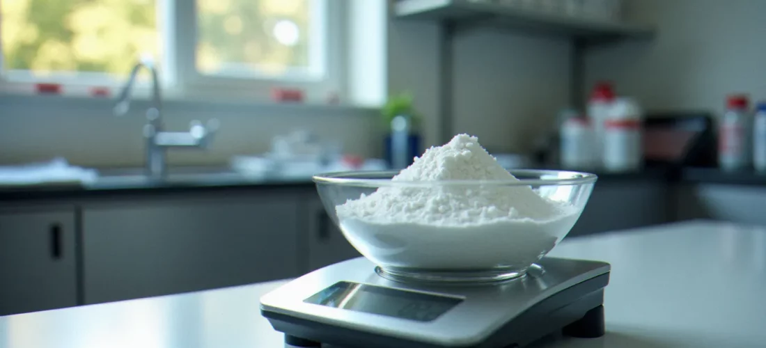 Balance de laboratoire pesant de la poudre d'isolat de cannabidiol blanc, représentant l'achat d'un kilogramme de CBD en milieu professionnel