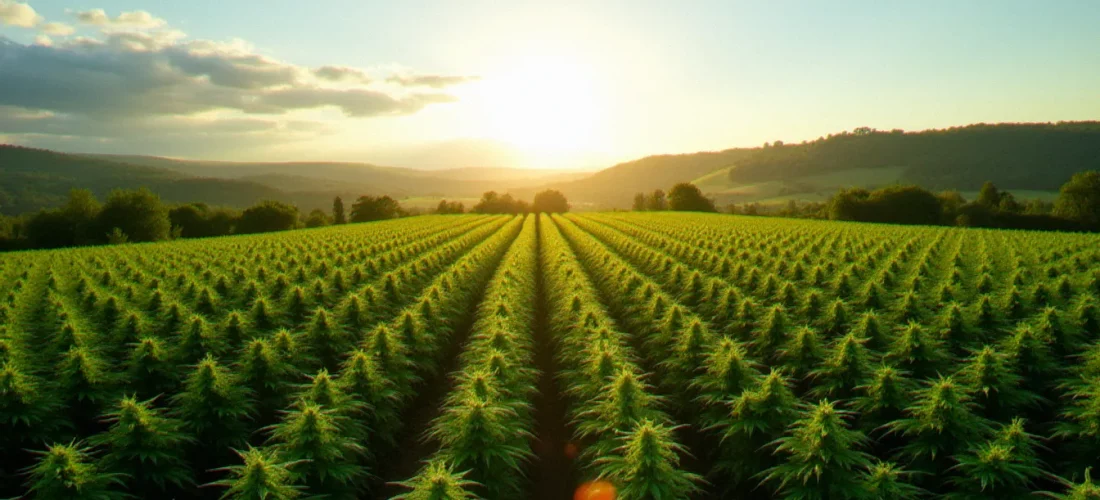 Vue aérienne d'une ferme du CBD en fleur sous le soleil en France, rangées de plants de chanvre CBD s'étendant à perte de vue dans un paysage de collines verdoyantes